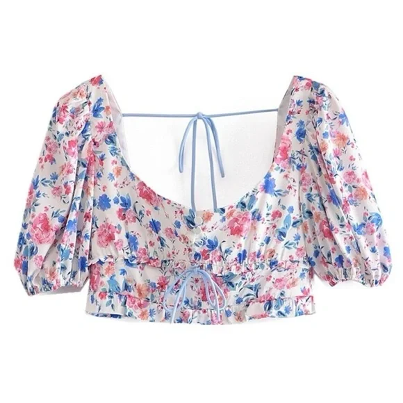 ๐Nwot FOR LOVE & LEMONS Juliet XXS white floral crop silky top - Picture 13 of 16